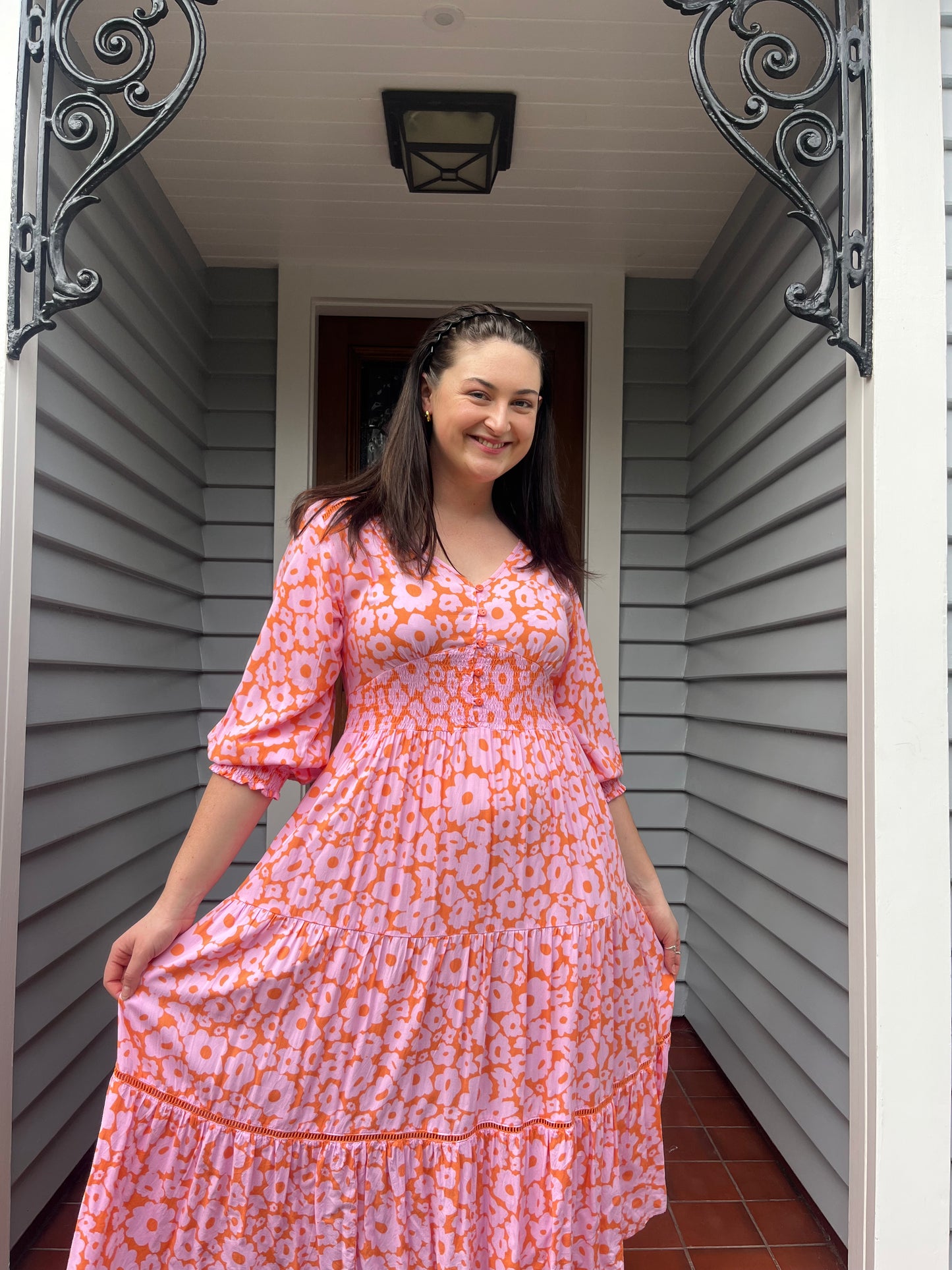 Pink & Orange Floral Midi Dress | Size M