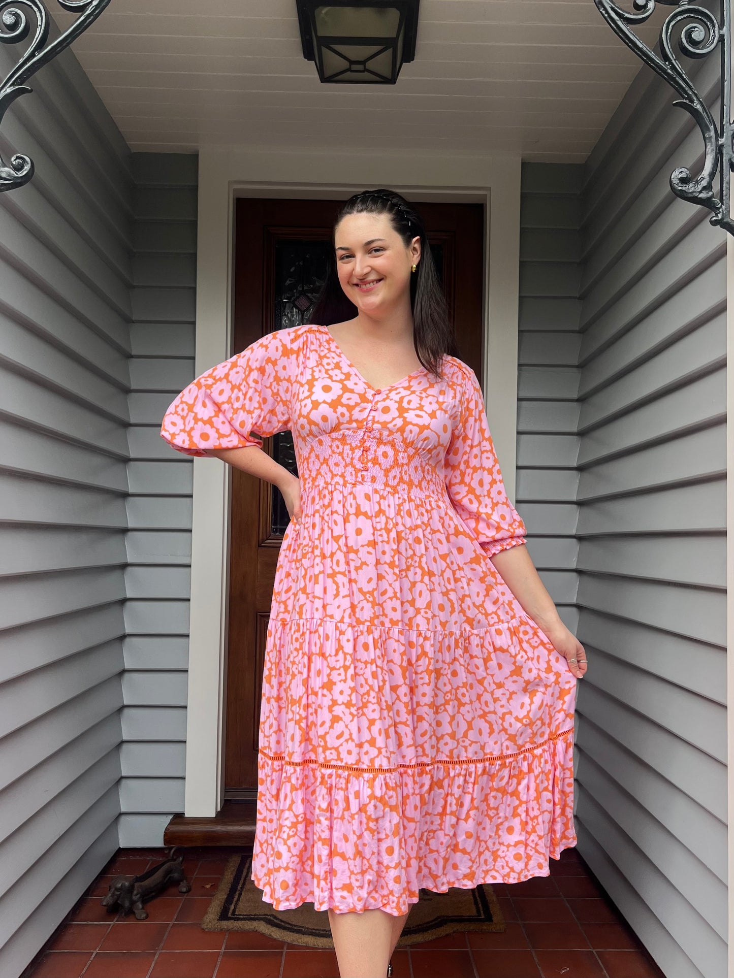 Pink & Orange Floral Midi Dress | Size M