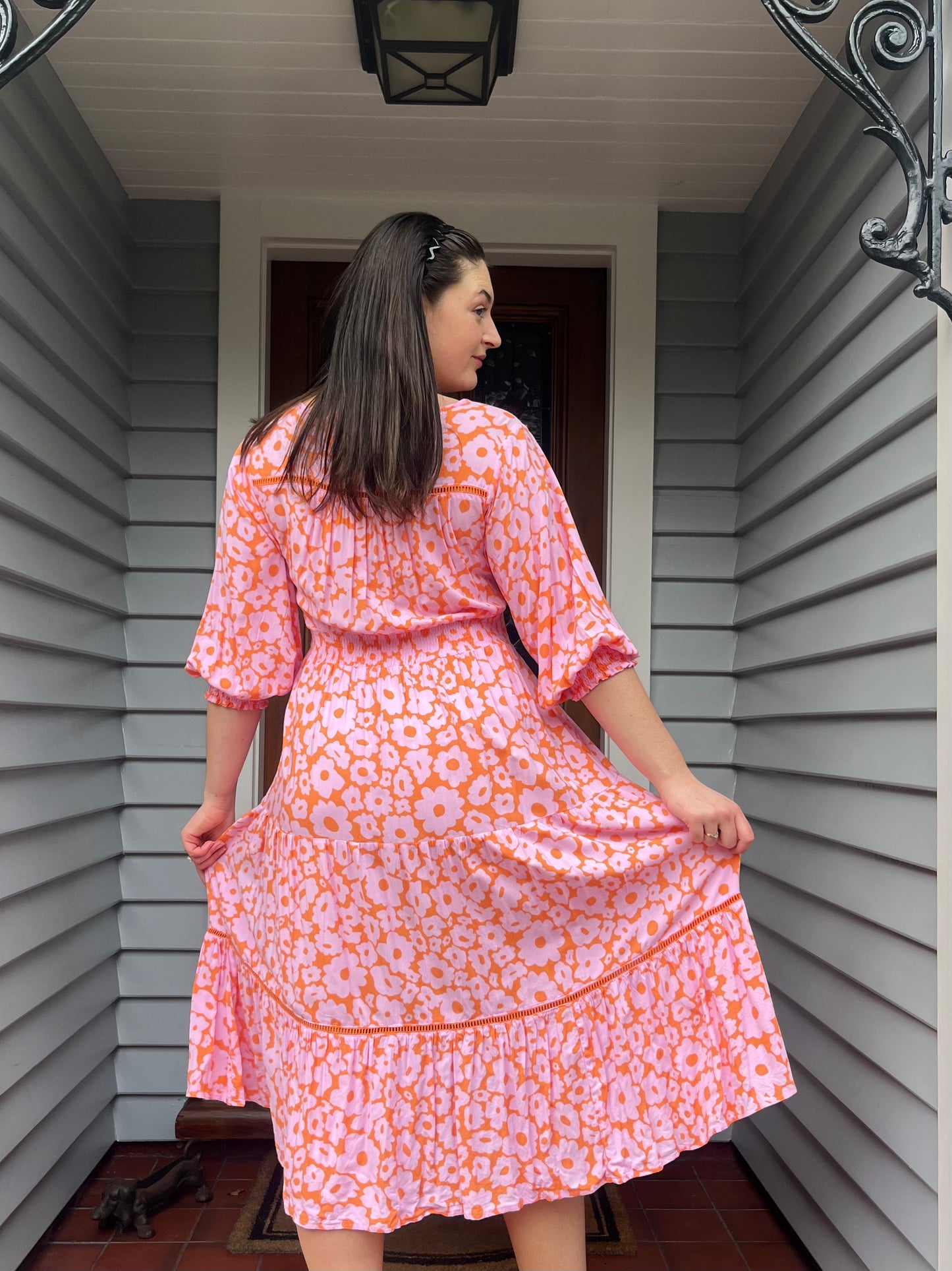 Pink & Orange Floral Midi Dress | Size M