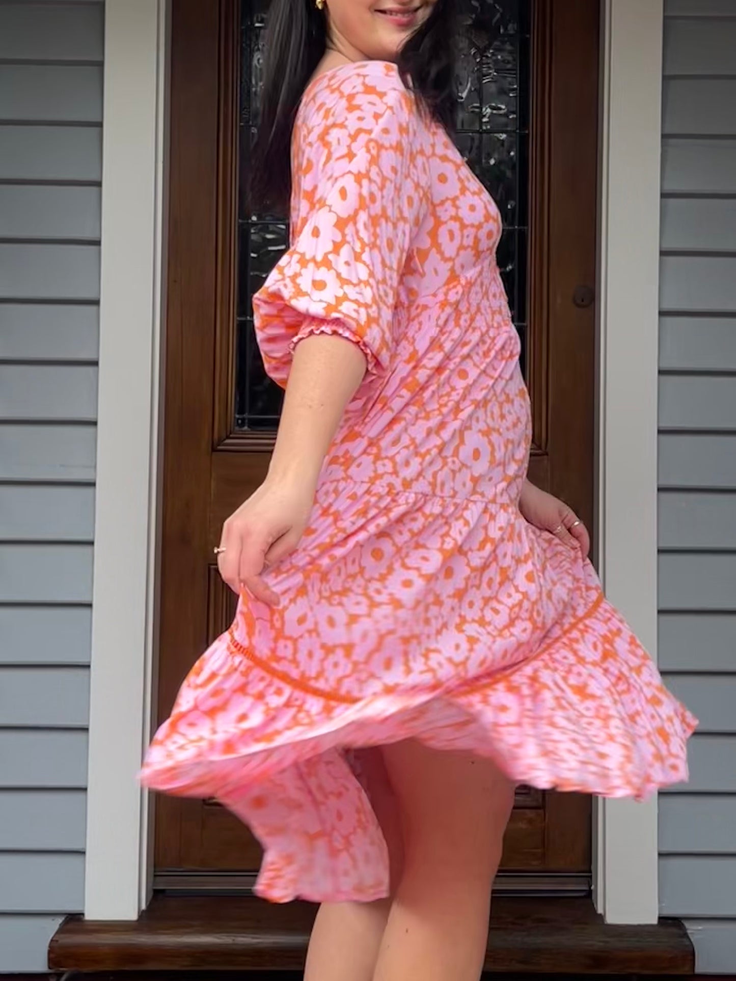 Pink & Orange Floral Midi Dress | Size M