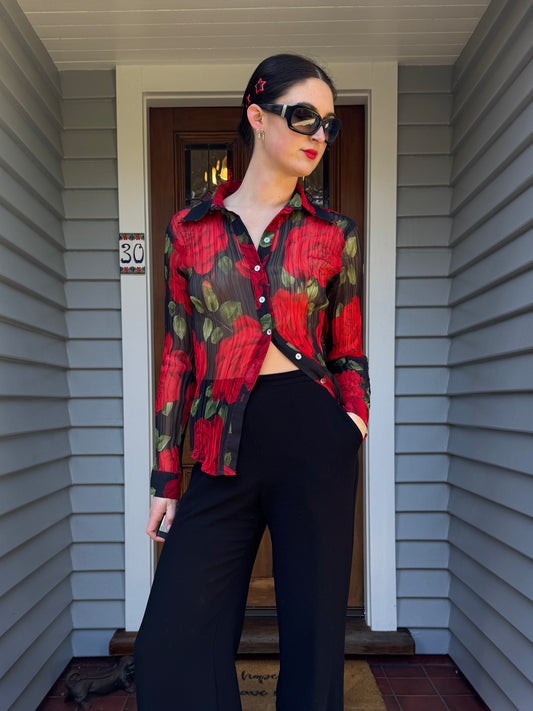 Vintage Sheer Rose Blouse | Size 10-12