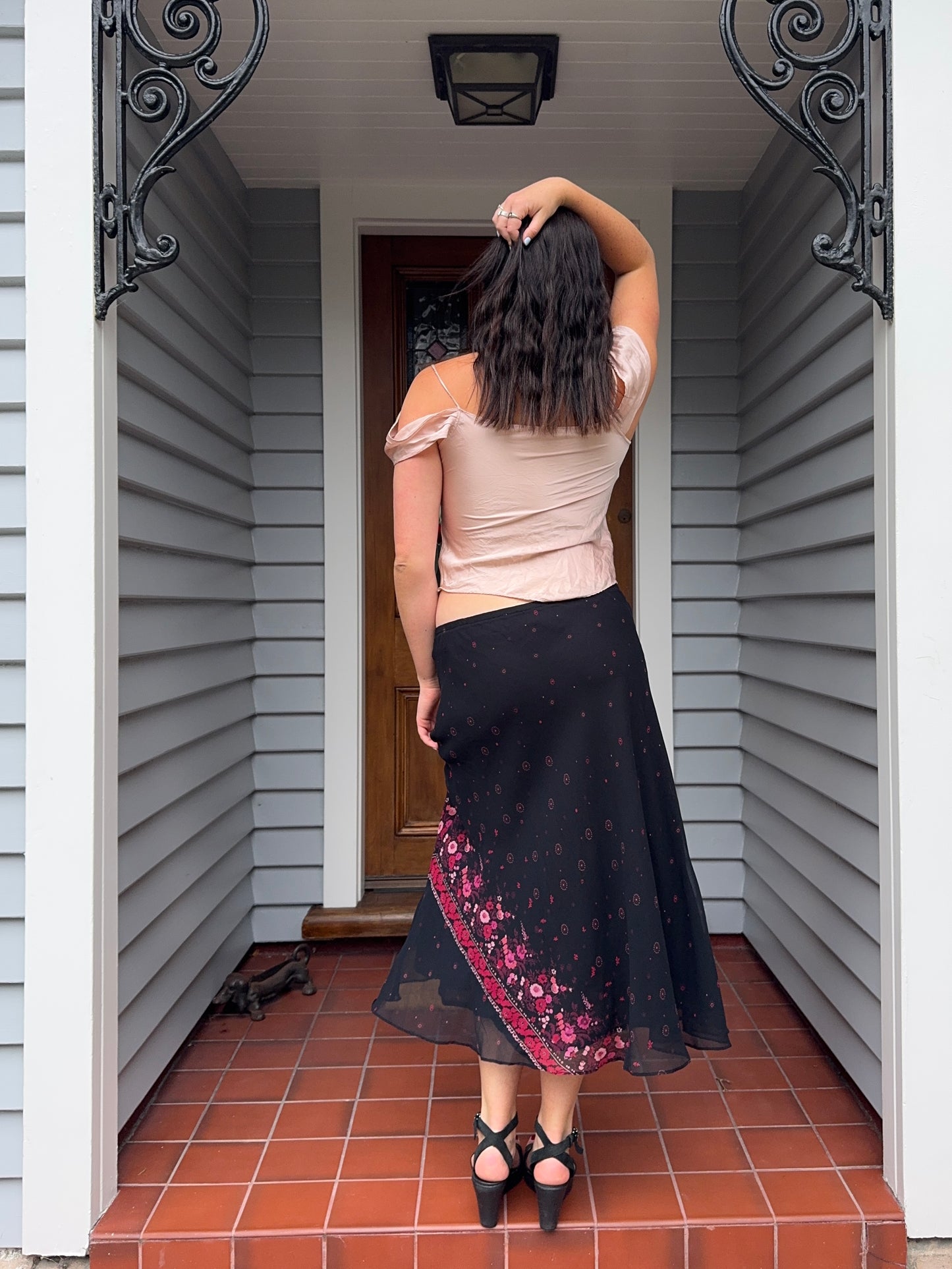 Black Maxi Skirt with Floral Detail | Size 12-14