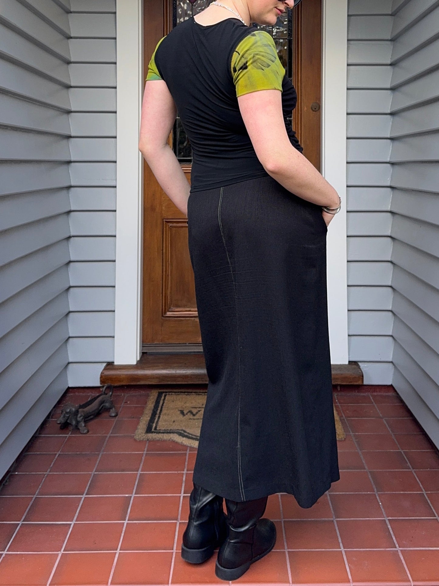 Black Midi Skirt with White Exposed Stitch | Size 16
