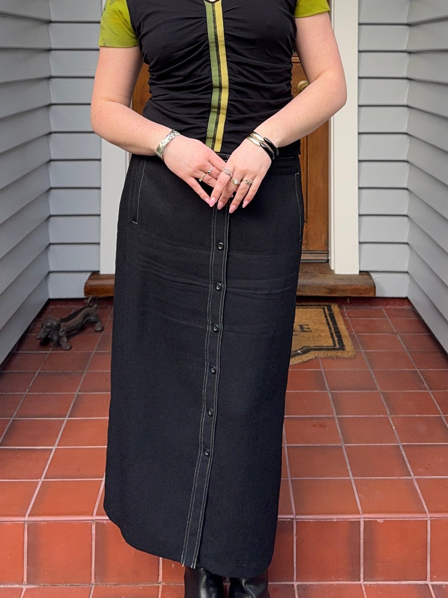 Black Midi Skirt with White Exposed Stitch | Size 16