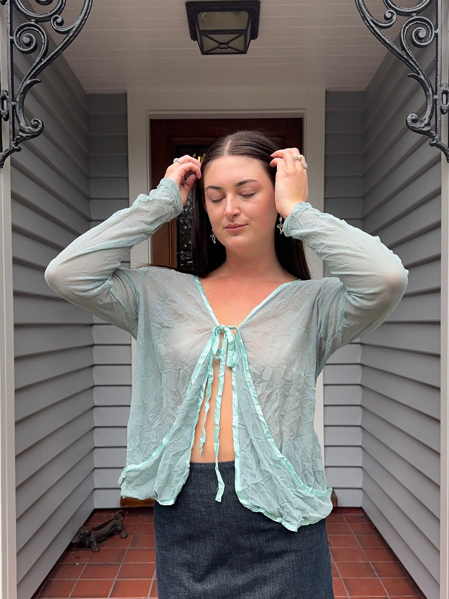 Sheer Blue Tie-Up Blouse | Size 16