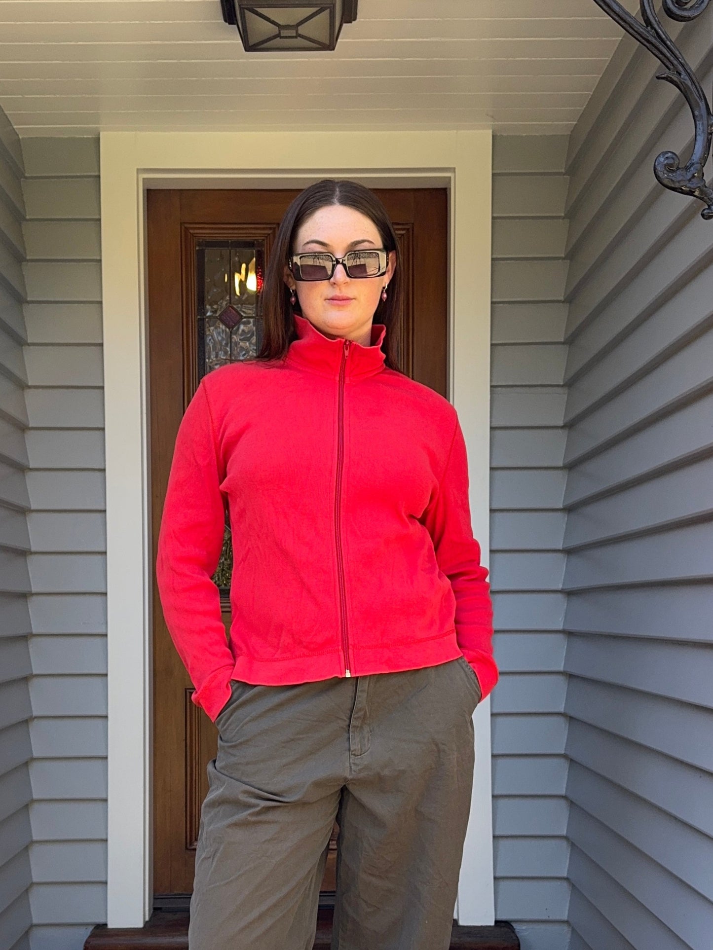 Red Cotton Zip-Up | Size L