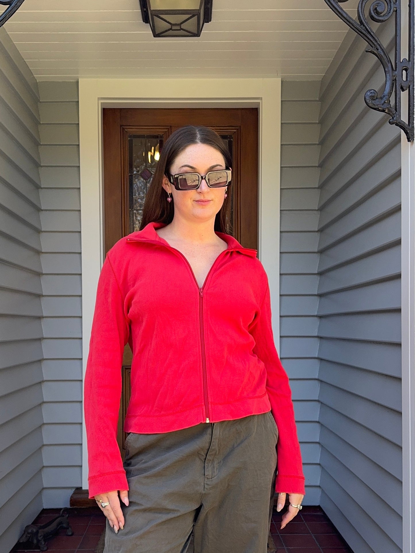 Red Cotton Zip-Up | Size L