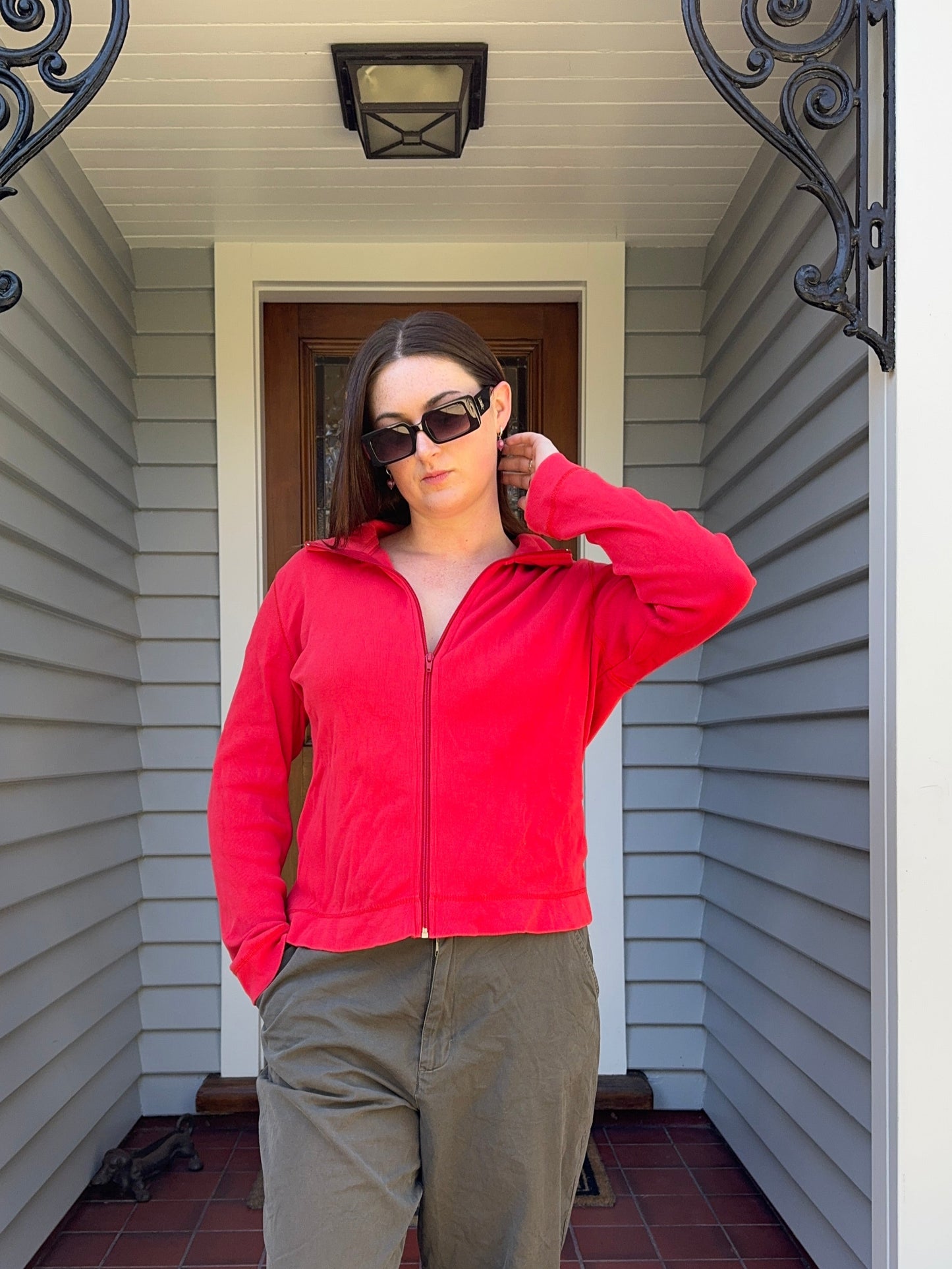 Red Cotton Zip-Up | Size L
