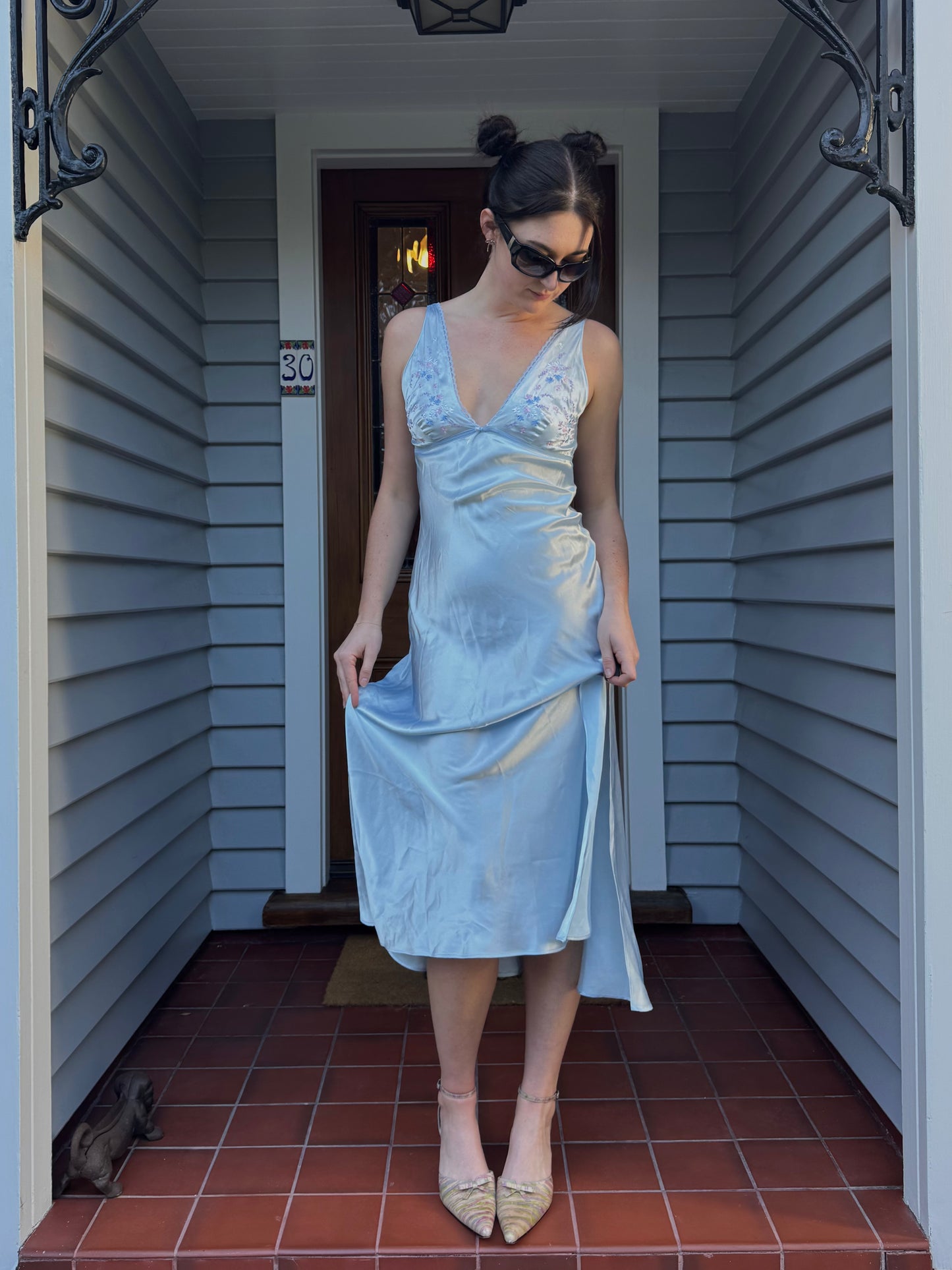 Vintage Blue Embroidered Slip Dress | Size S