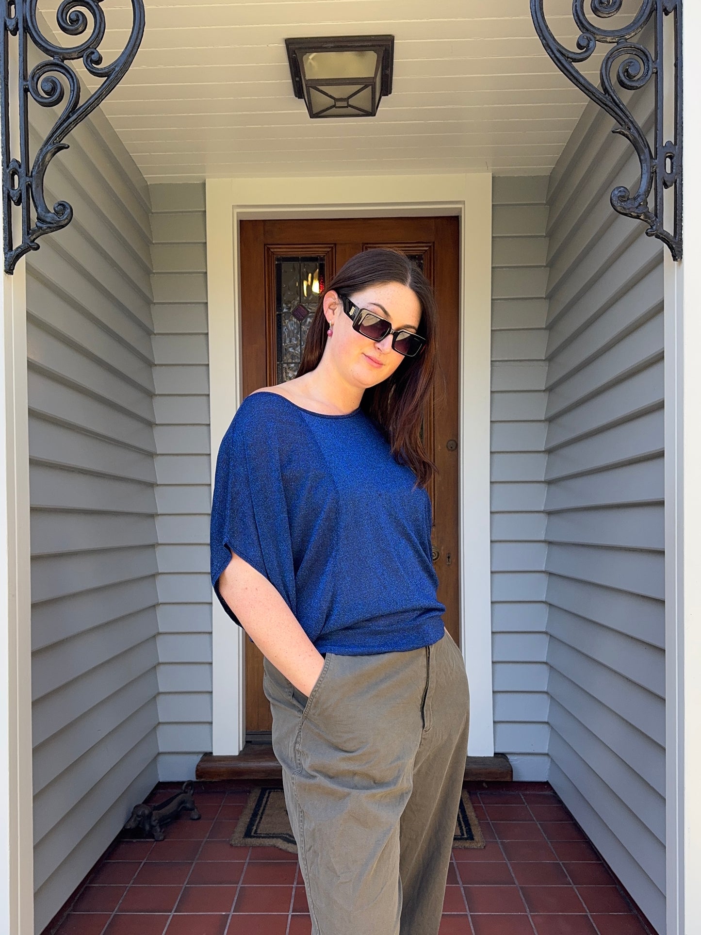 Blue Sparkly Bat-Wing Top | Size M