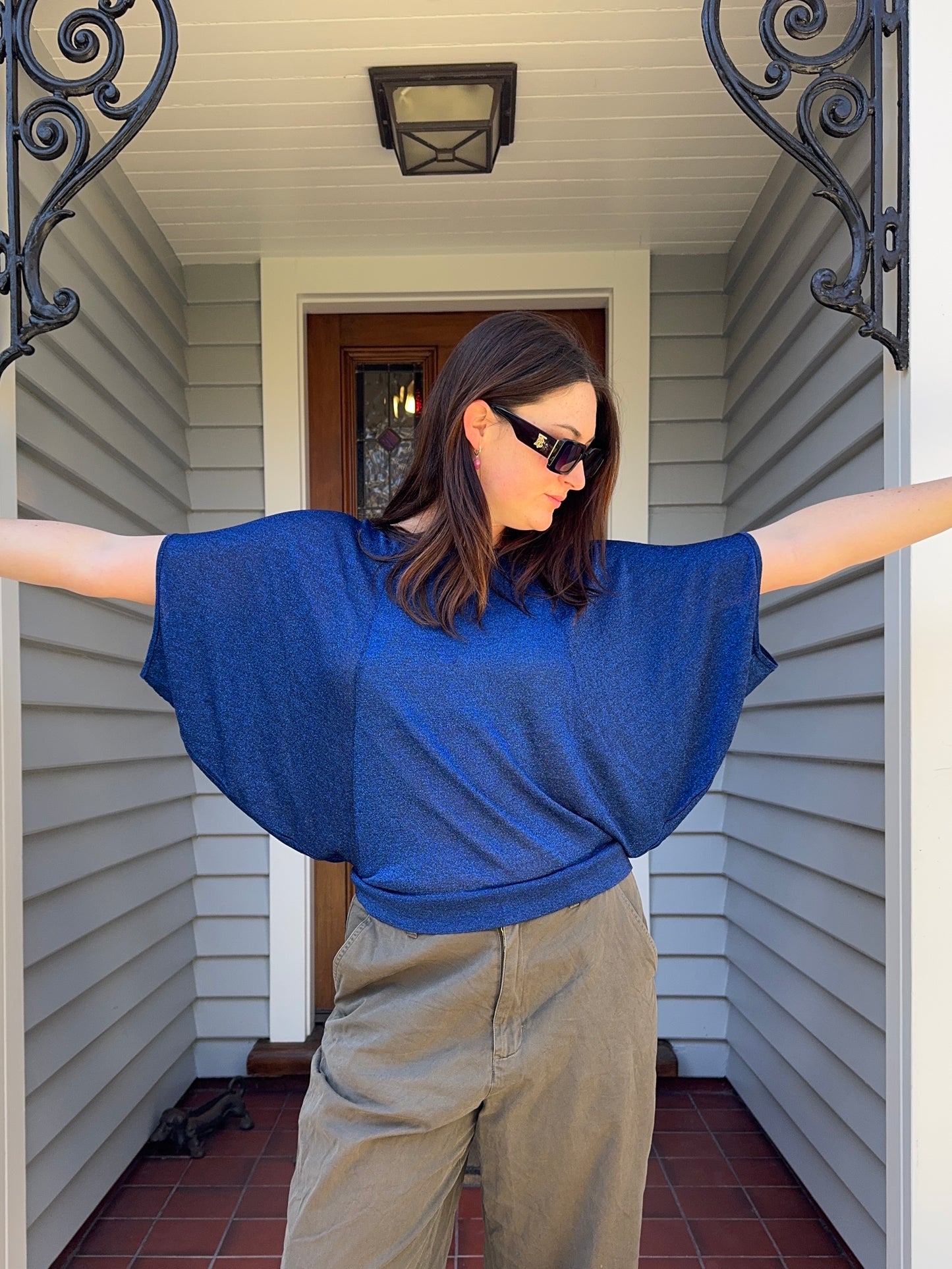 Blue Sparkly Bat-Wing Top | Size M