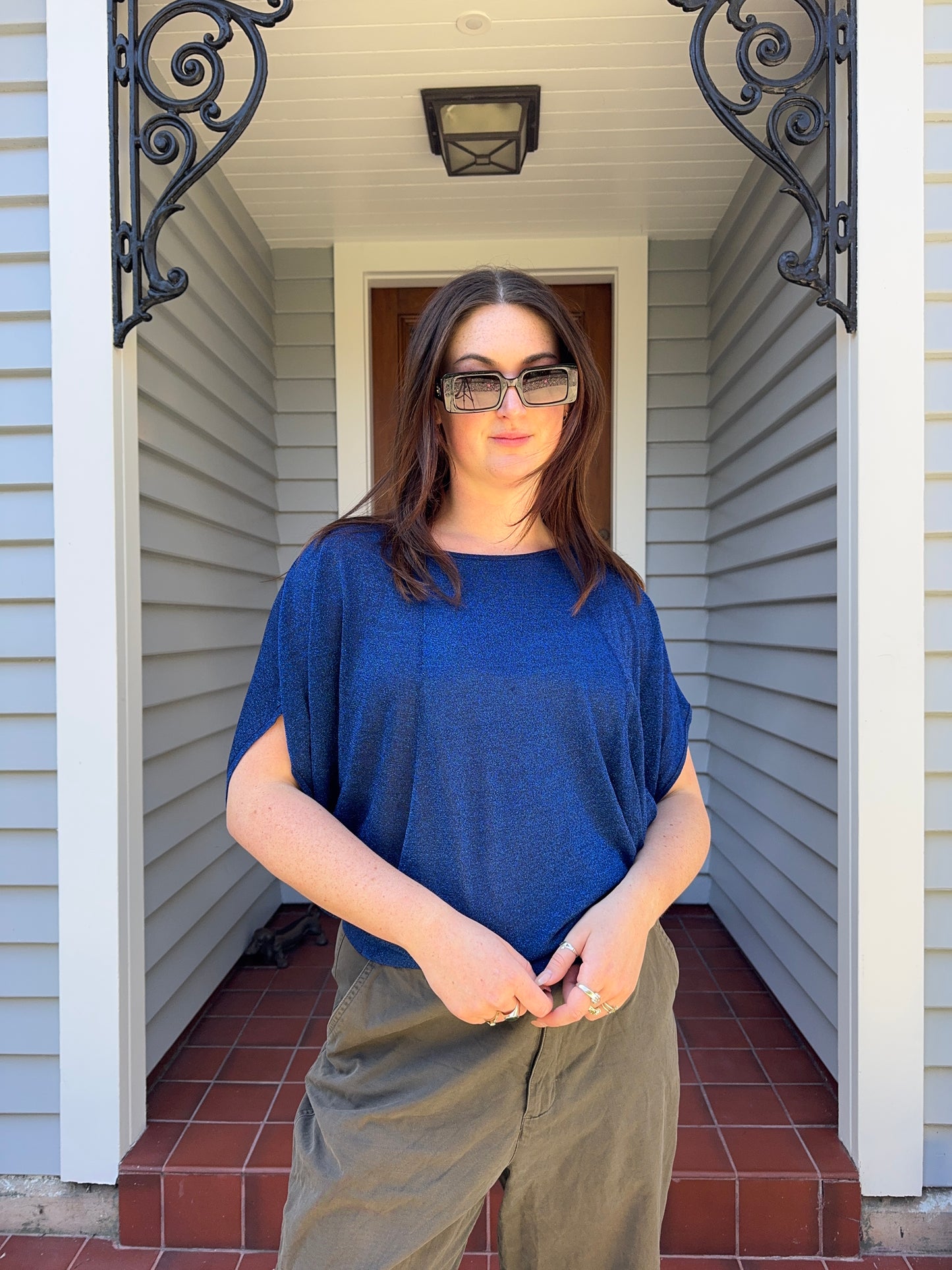 Blue Sparkly Bat-Wing Top | Size M