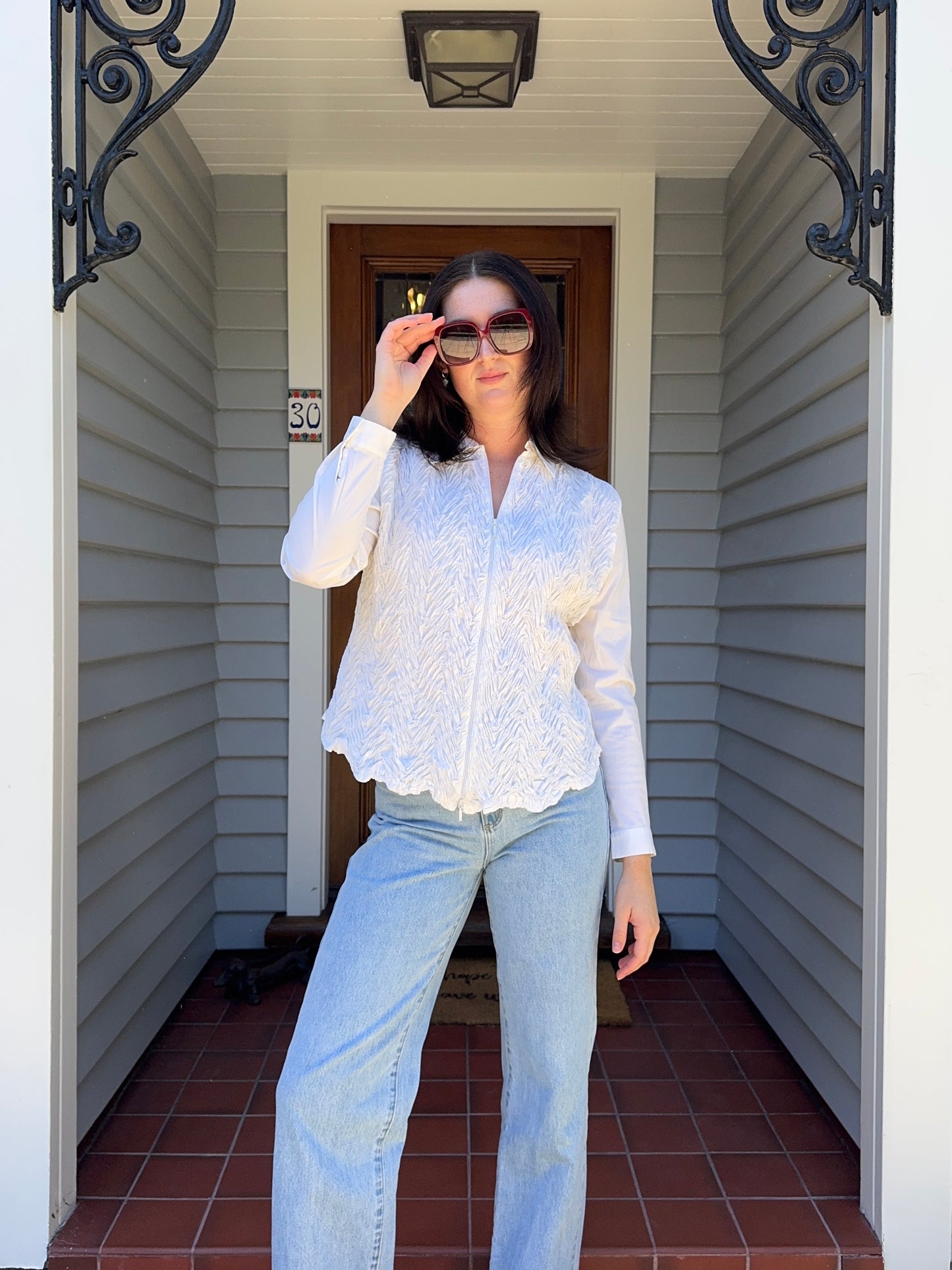 White Funky Zip Up Blouse | Size 12-14