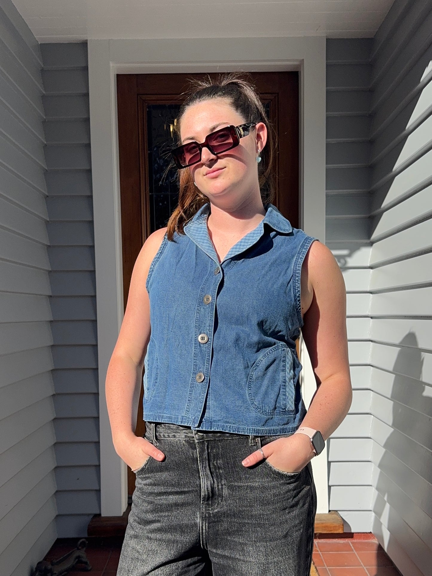 Denim Button Up Vest/Top | Size M-L
