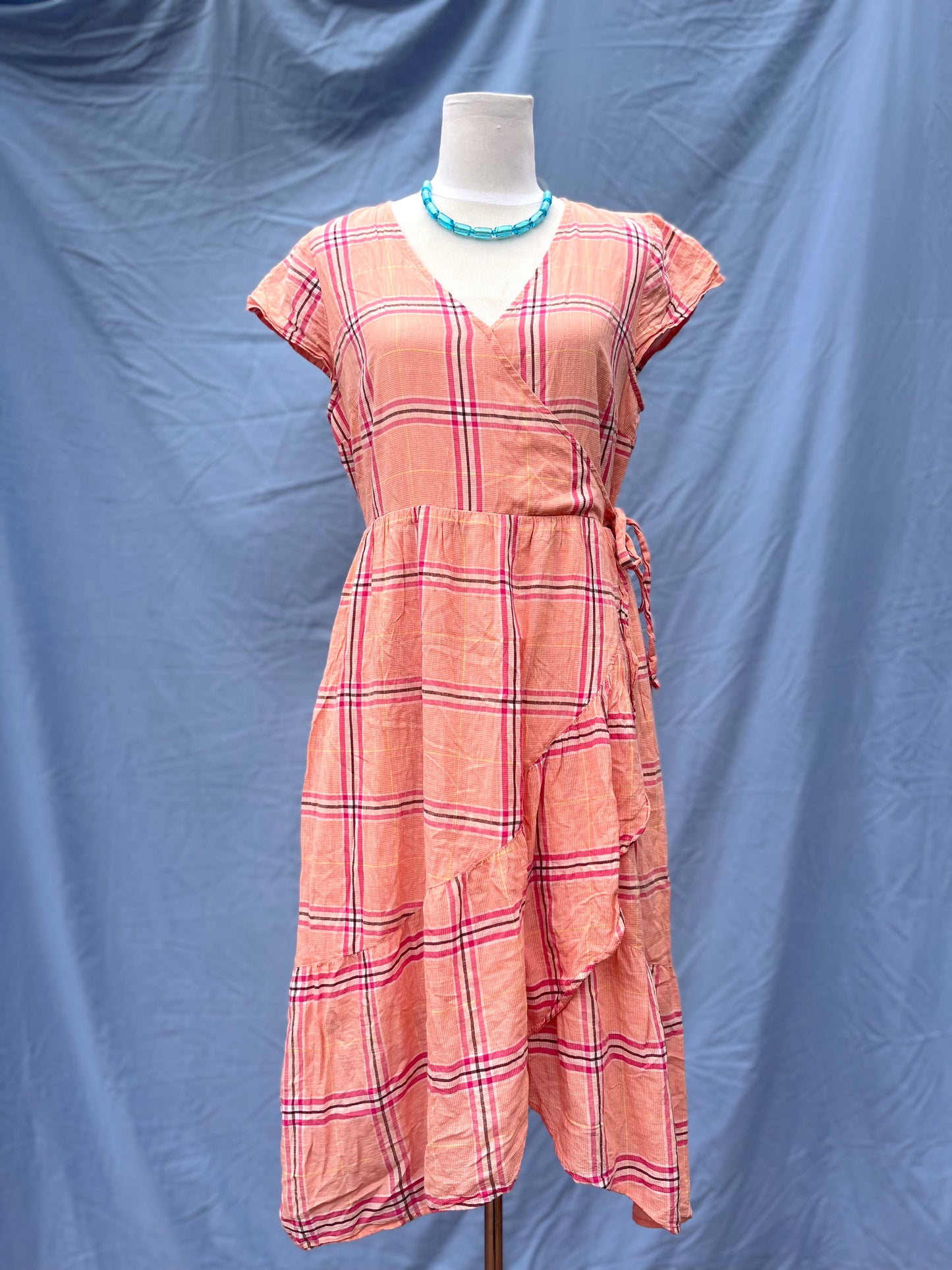 Tiered Wrap Plaid Midi Dress | Size M