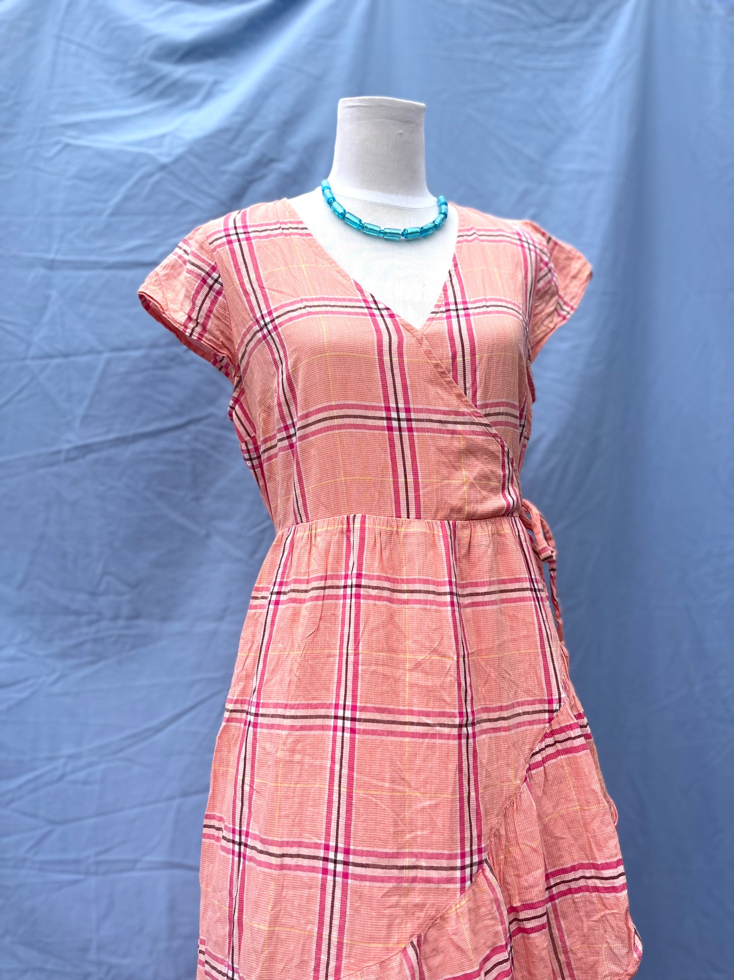 Tiered Wrap Plaid Midi Dress | Size M