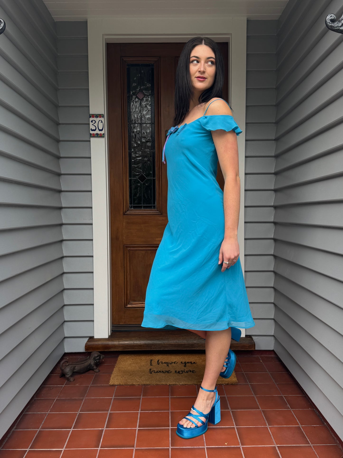 Blue + Pink Vintage Midi Dress | Size 8