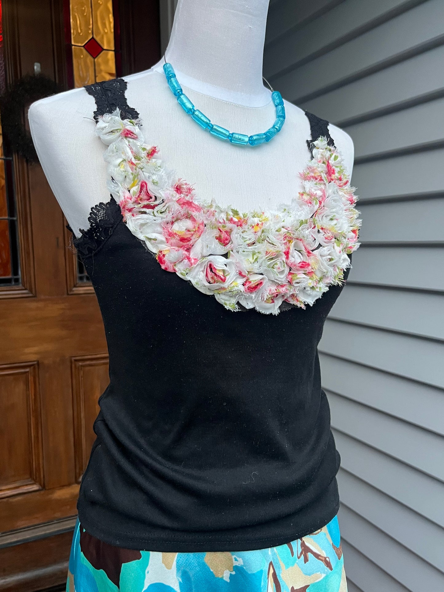 Black Lace Singlet with Floral Bust | Size S
