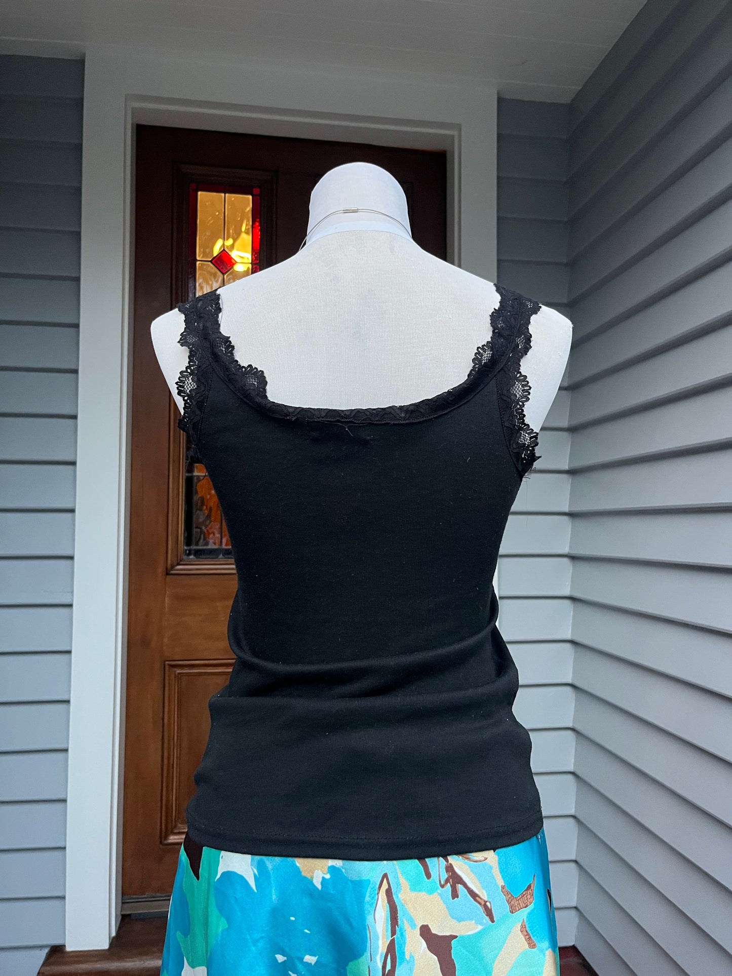 Black Lace Singlet with Floral Bust | Size S