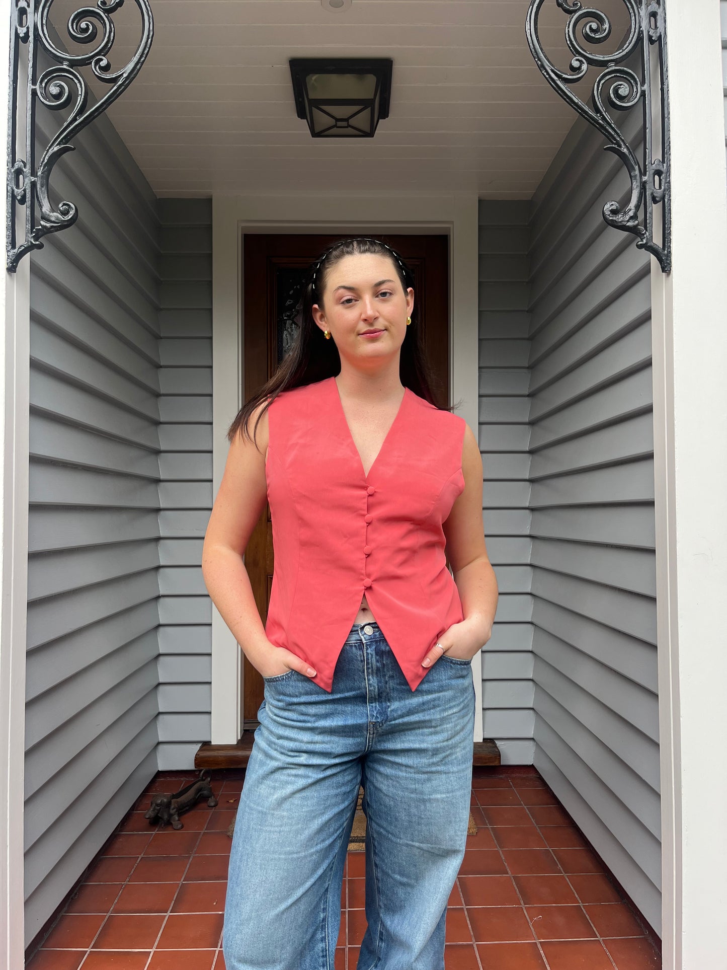Coral Pink Button Up Vest | Size 12-14