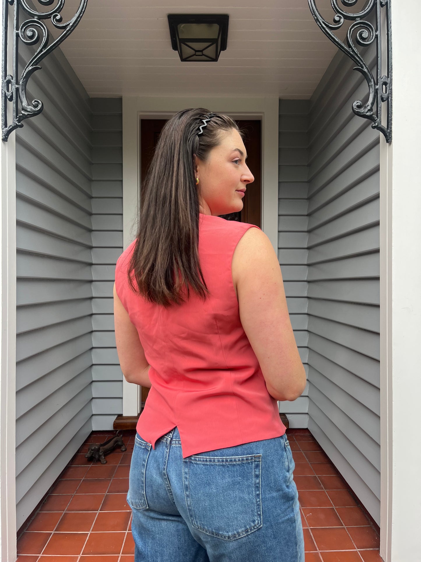 Coral Pink Button Up Vest | Size 12-14