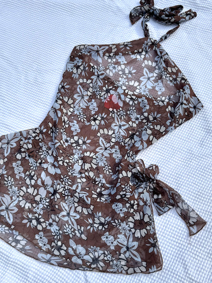 Brown + Blue Sheer Floral Halter Top | Size 10-12