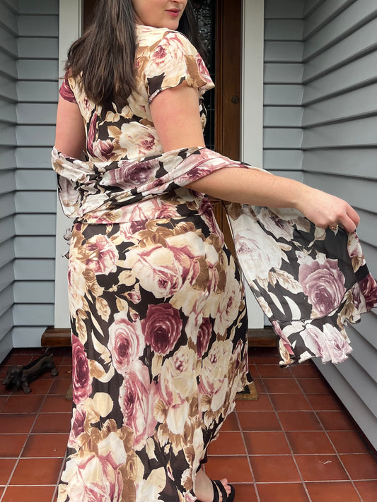 Beautiful Vintage Floral Dress & Scarf | Size 14