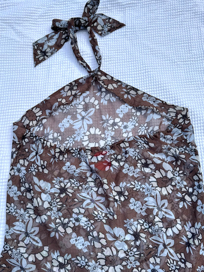 Brown + Blue Sheer Floral Halter Top | Size 10-12