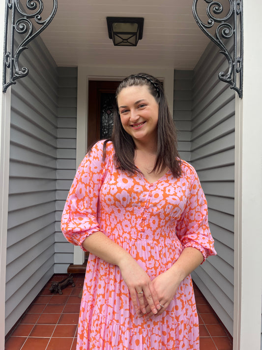 Pink & Orange Floral Midi Dress | Size M