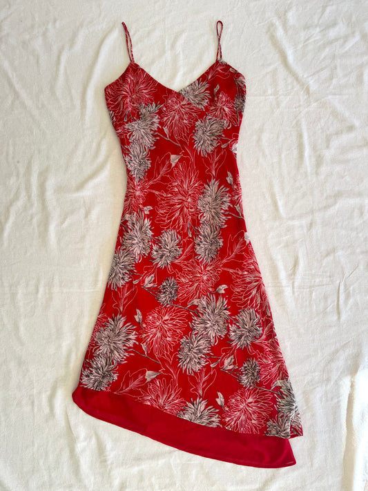 Red Floral Asymmetrical Midi Dress | Size 12-14