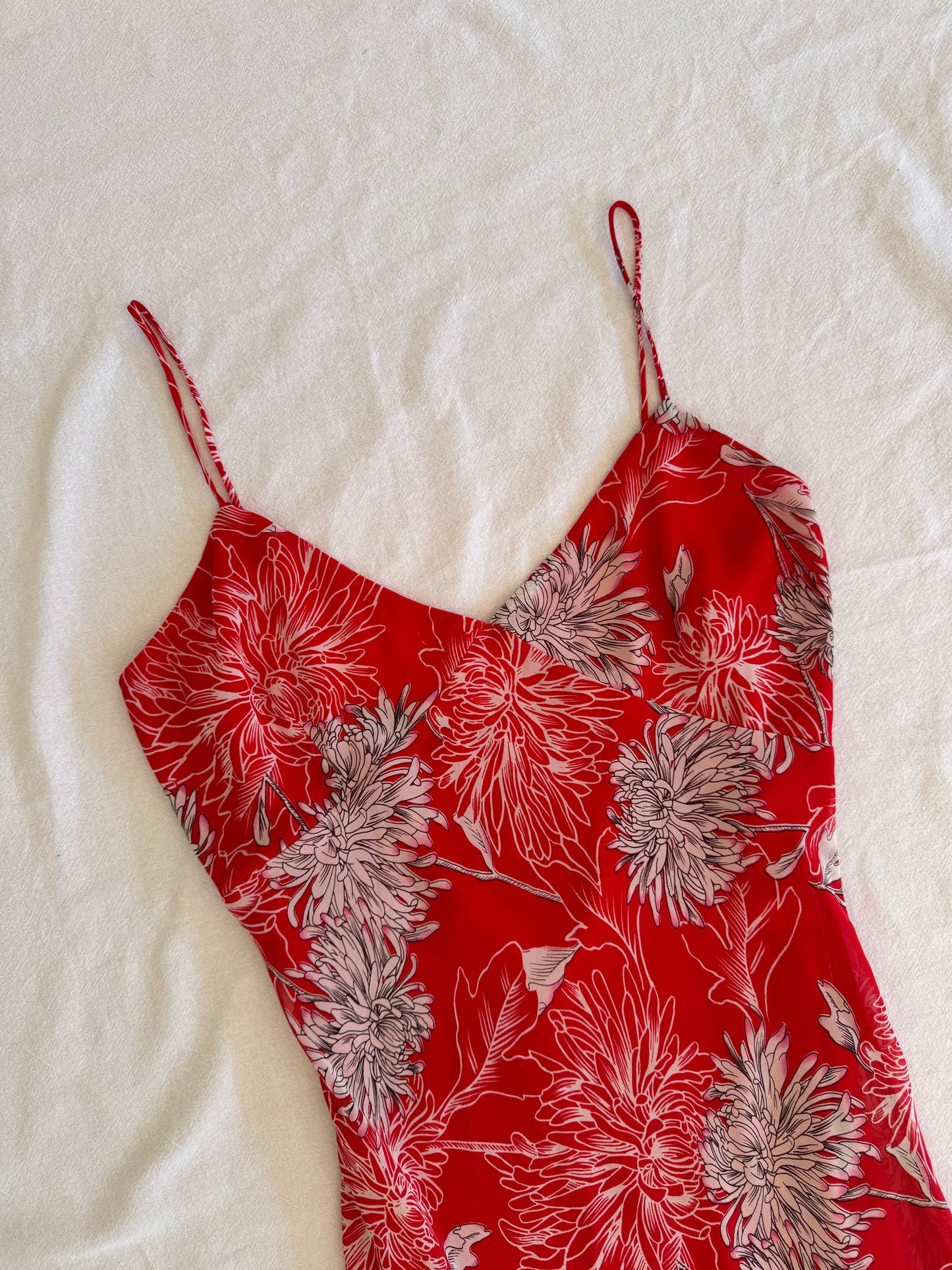 Red Floral Asymmetrical Midi Dress | Size 12-14
