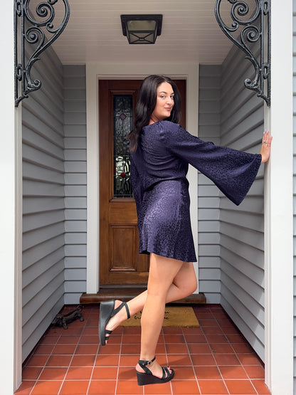 Silky Navy Cheetah Print Mini Dress | Size 14