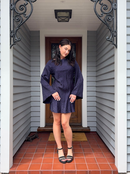 Silky Navy Cheetah Print Mini Dress | Size 14