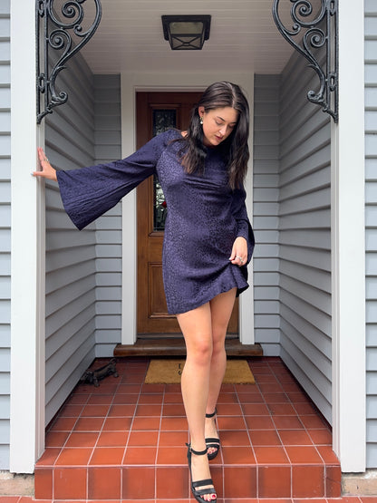 Silky Navy Cheetah Print Mini Dress | Size 14