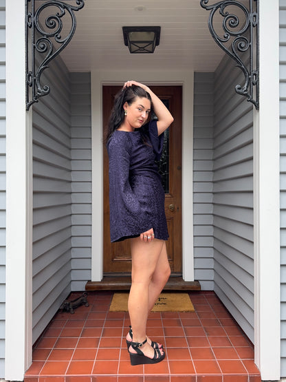 Silky Navy Cheetah Print Mini Dress | Size 14