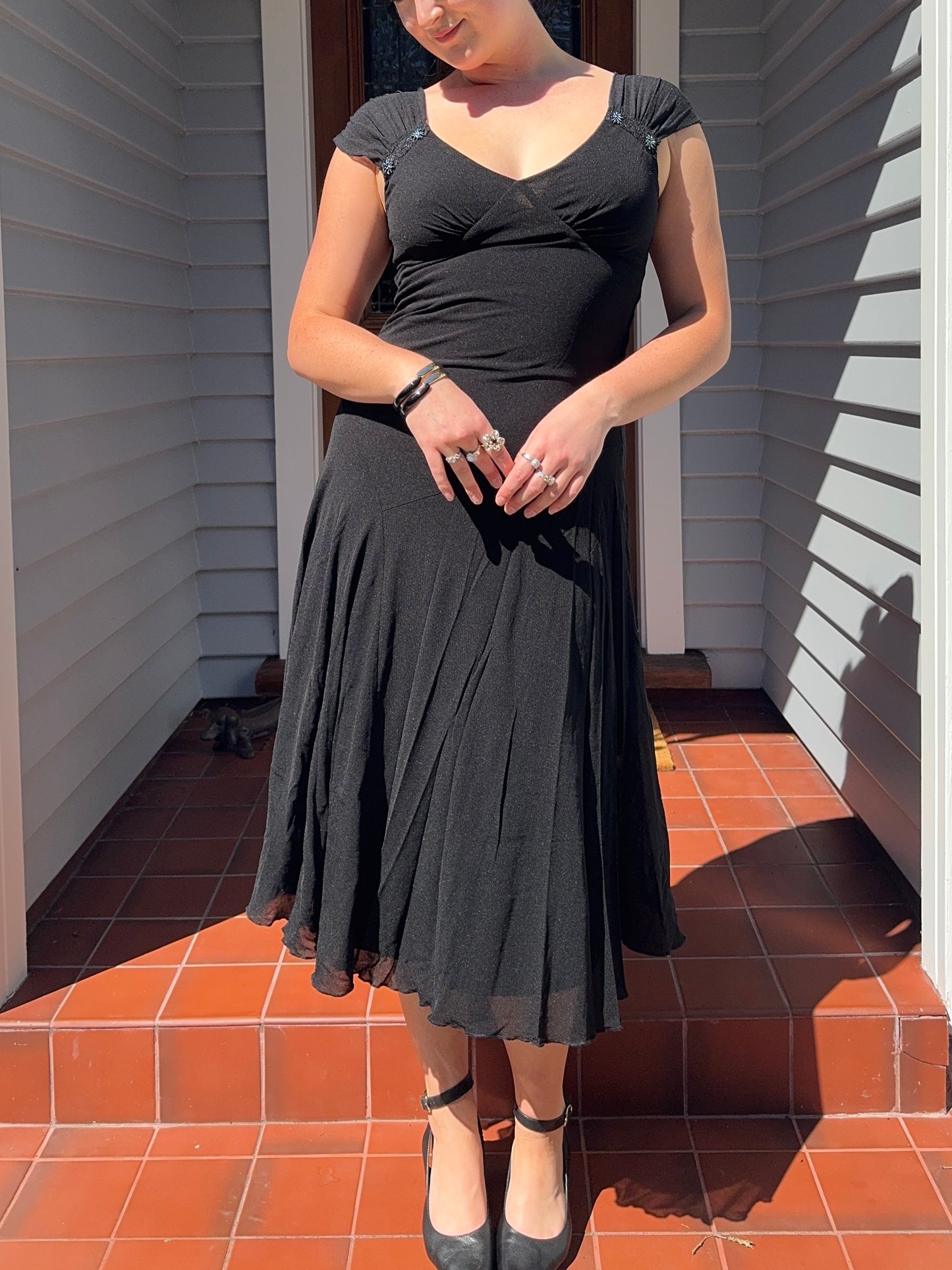 Beaded Black Midi Dress | Size 8-12