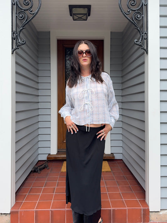 Blue & White Checkered Tie-Up Blouse | Size 10-12