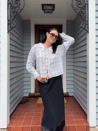 Blue & White Checkered Tie-Up Blouse | Size 10-12