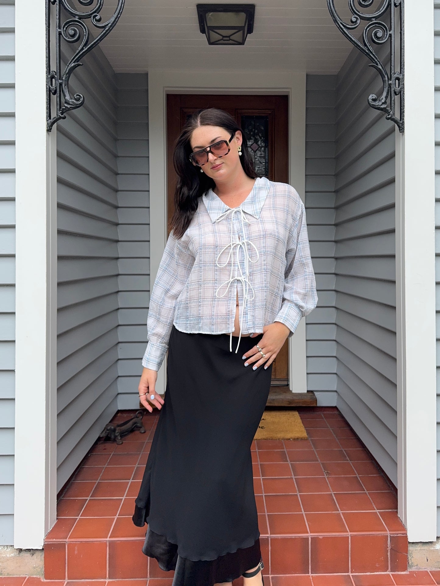 Blue & White Checkered Tie-Up Blouse | Size 10-12