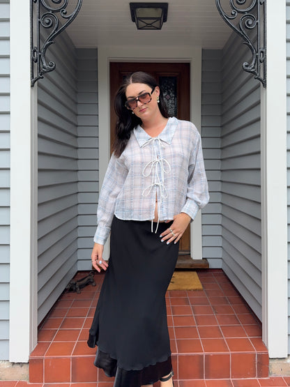 Blue & White Checkered Tie-Up Blouse | Size 10-12