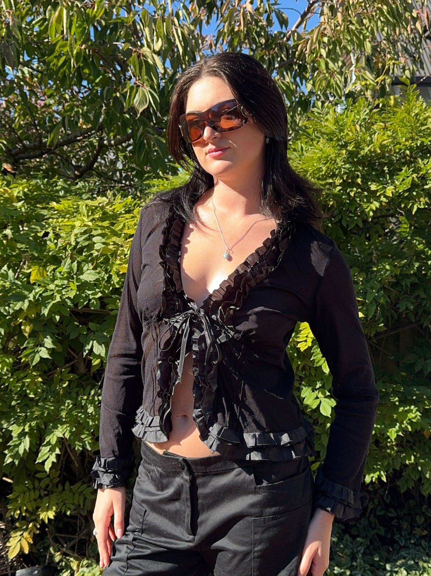 Black Sheer Frilly Blouse | Size 8-12