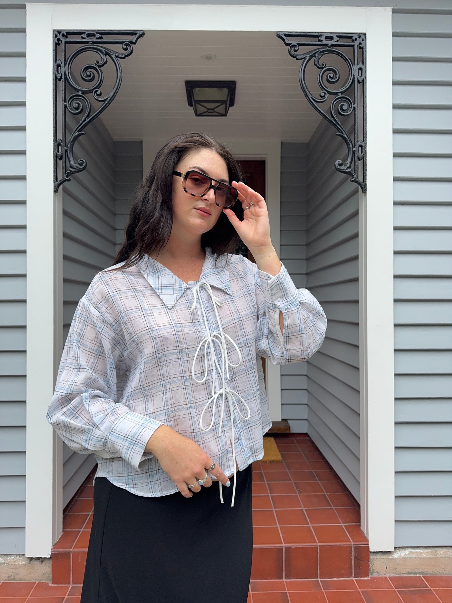 Blue & White Checkered Tie-Up Blouse | Size 10-12