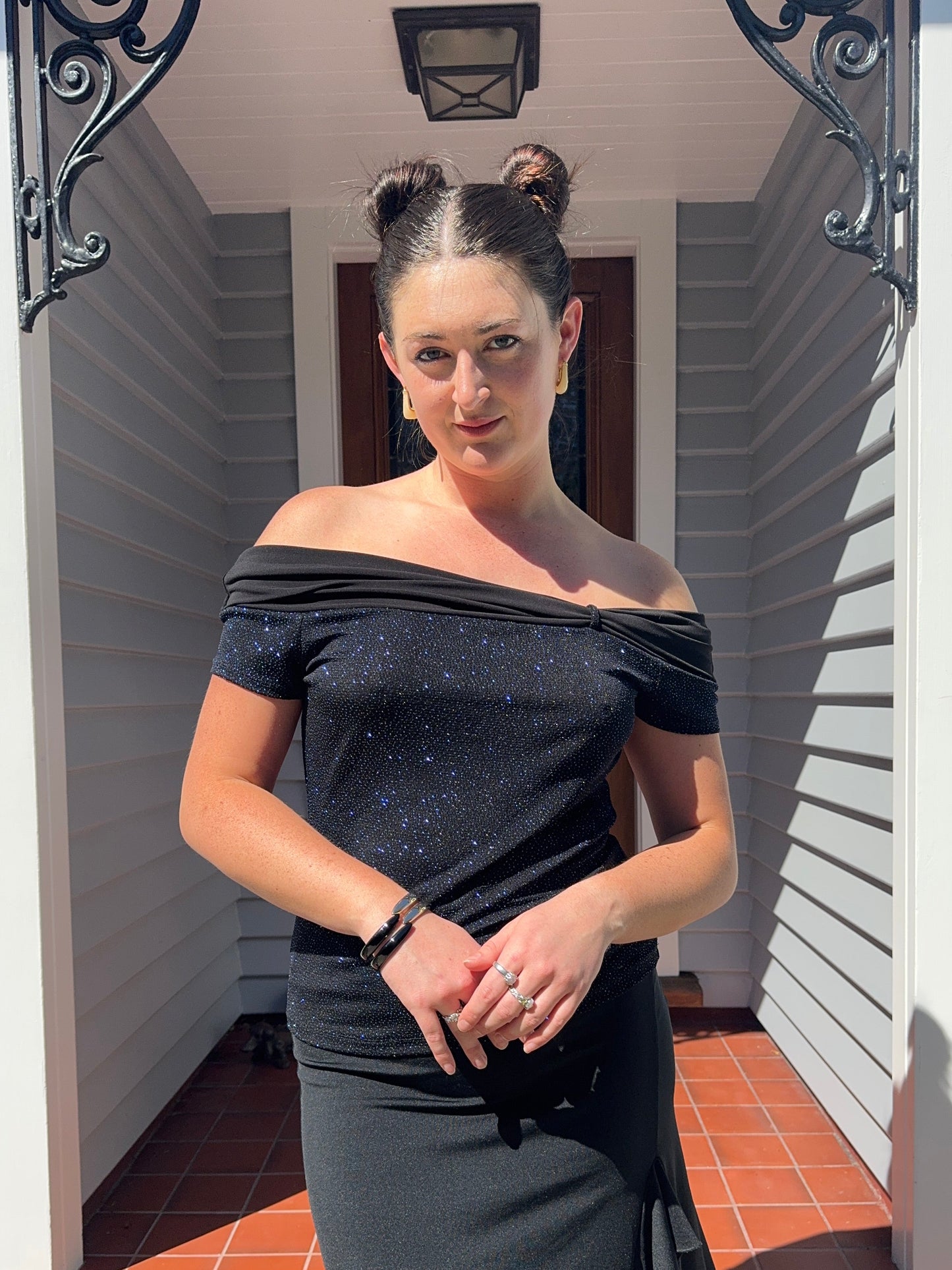 STAXS Sparkly Off-The-Shoulder Top | Size 14