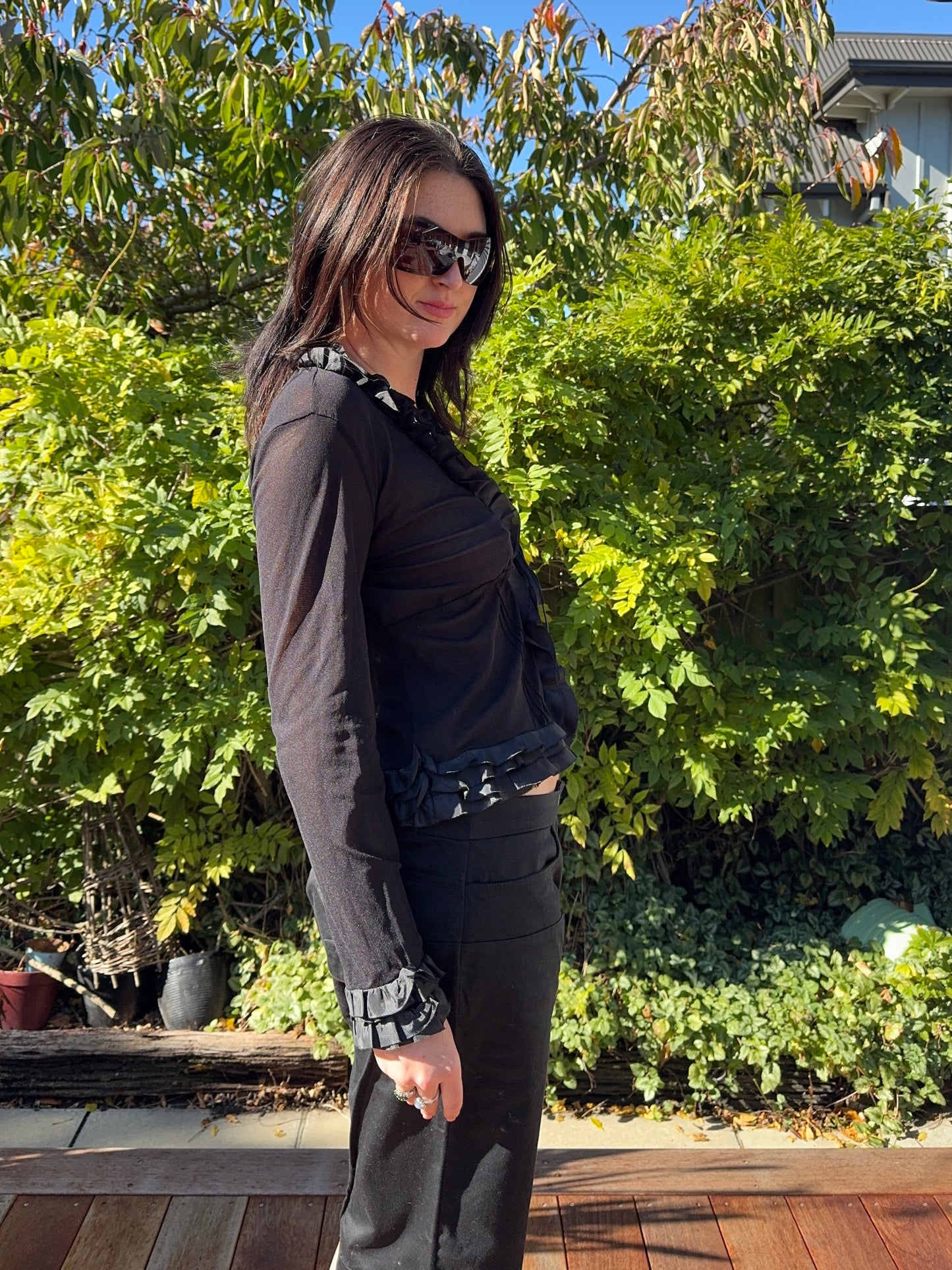 Black Sheer Frilly Blouse | Size 8-12