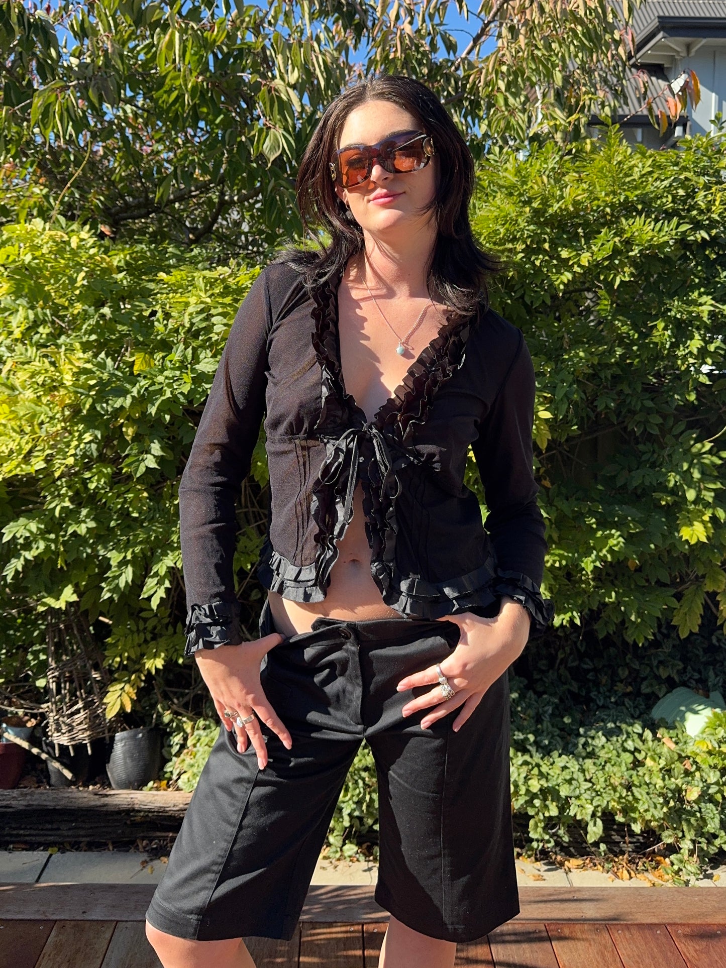 Black Sheer Frilly Blouse | Size 8-12