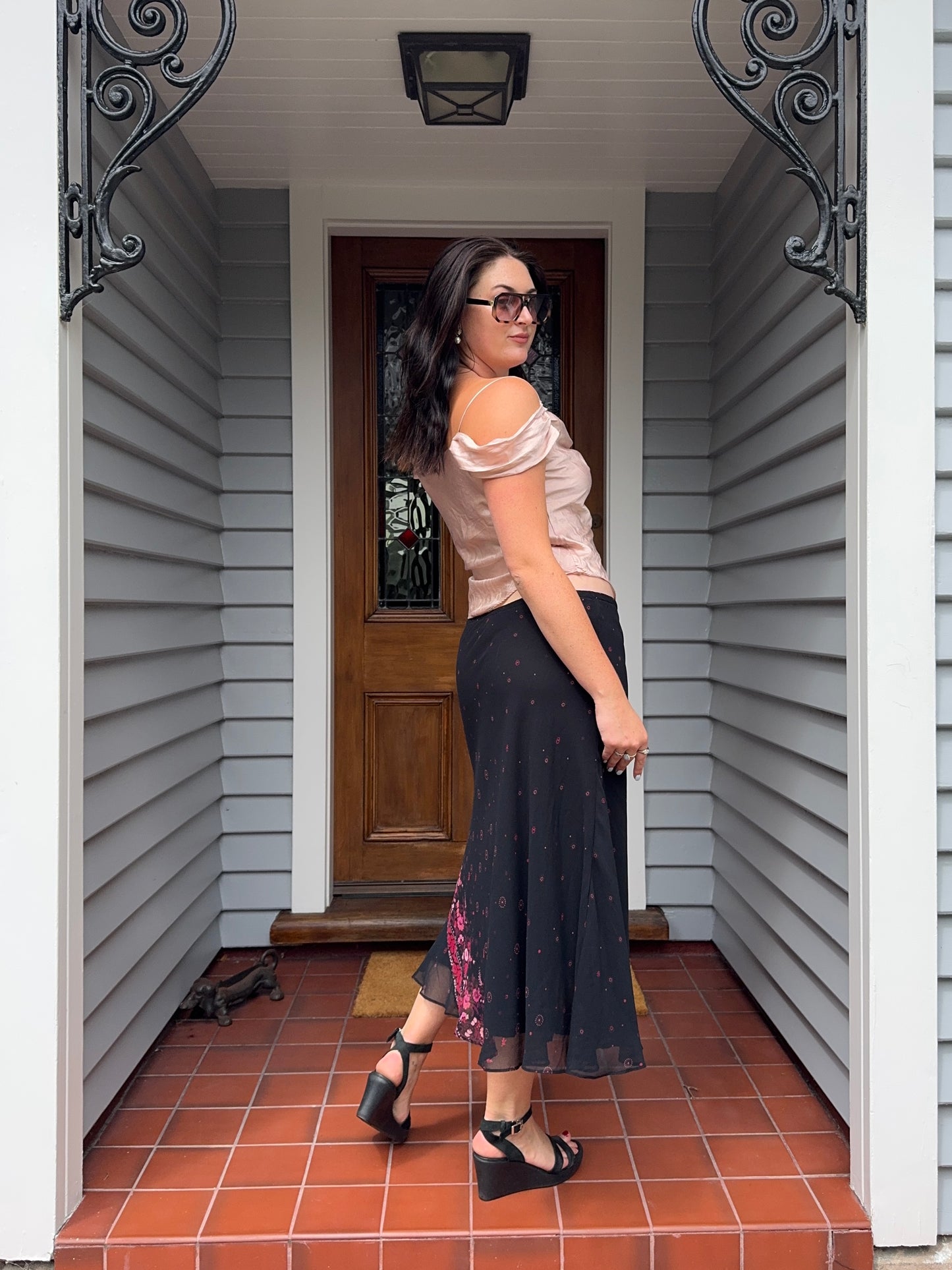 Black Maxi Skirt with Floral Detail | Size 12-14