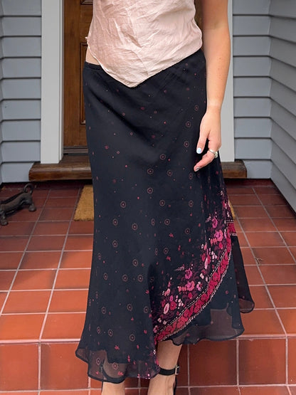 Black Maxi Skirt with Floral Detail | Size 12-14