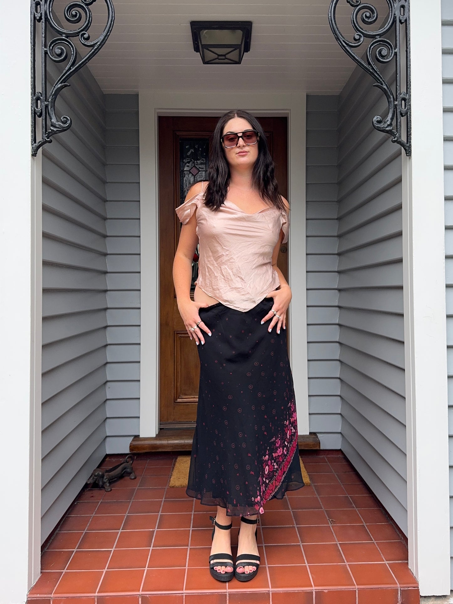 Black Maxi Skirt with Floral Detail | Size 12-14