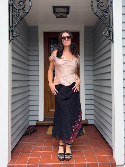 Black Maxi Skirt with Floral Detail | Size 12-14