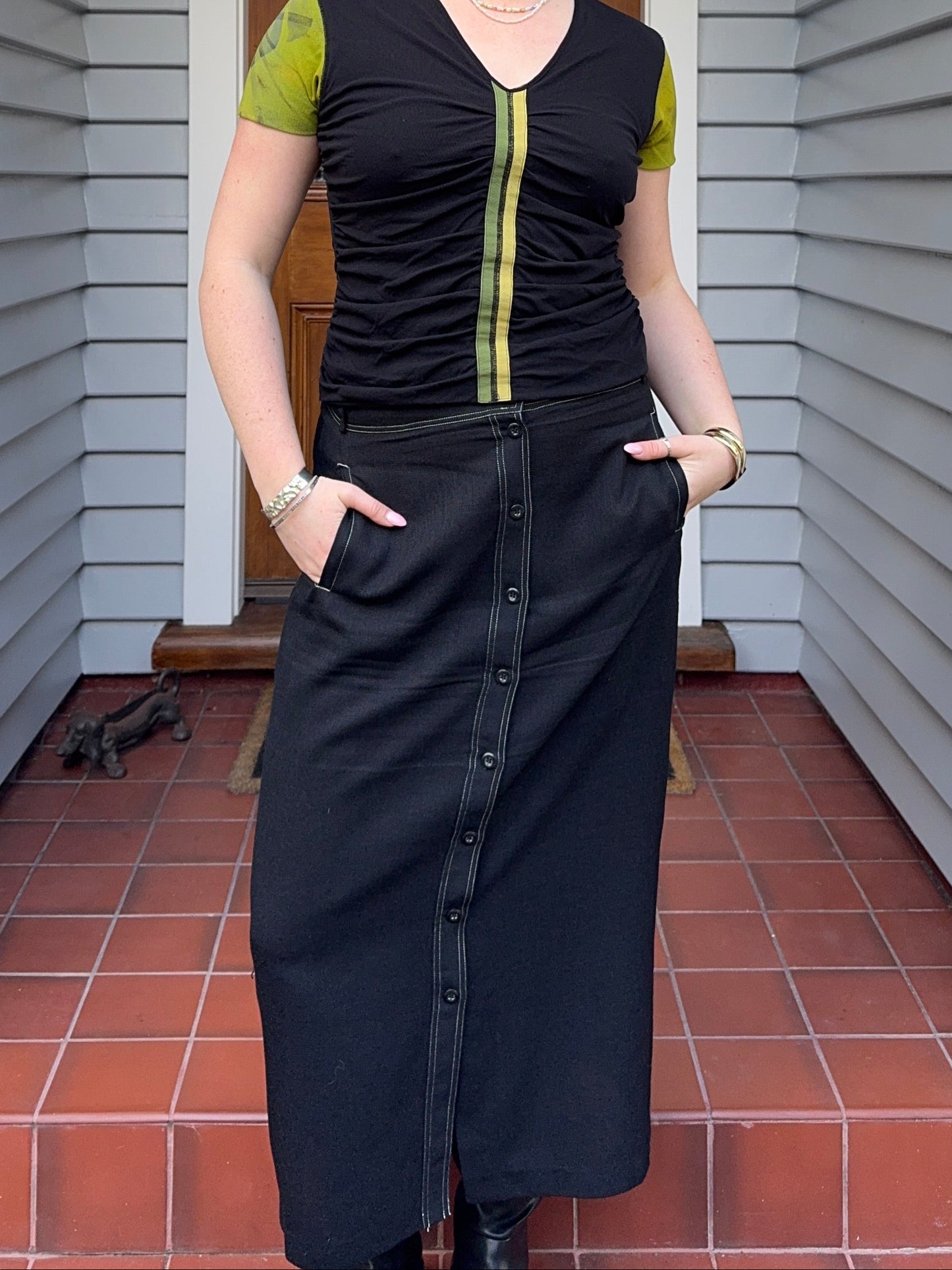 Black Midi Skirt with White Exposed Stitch | Size 16